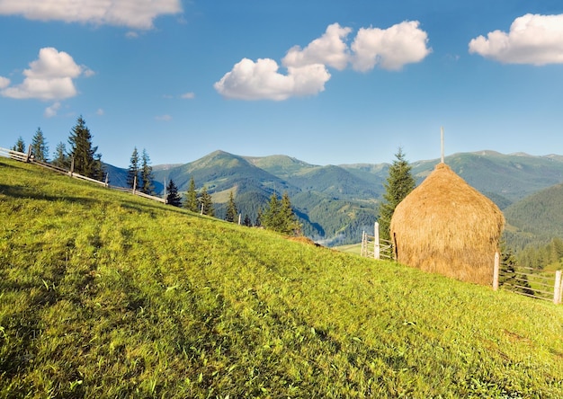 Summer mountain village outskirts with field and haystack