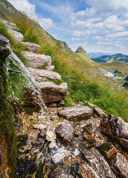 여름 산과 물 소스 Durmitor Sedlo는 몬테네그로를 통과합니다.