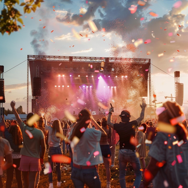 写真 夏 の 音楽 祭 の 群衆 は,野外 で ライブ 音楽 を 楽しん で い ます