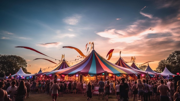 летний музыкальный фестиваль с красочными палатками и сценами