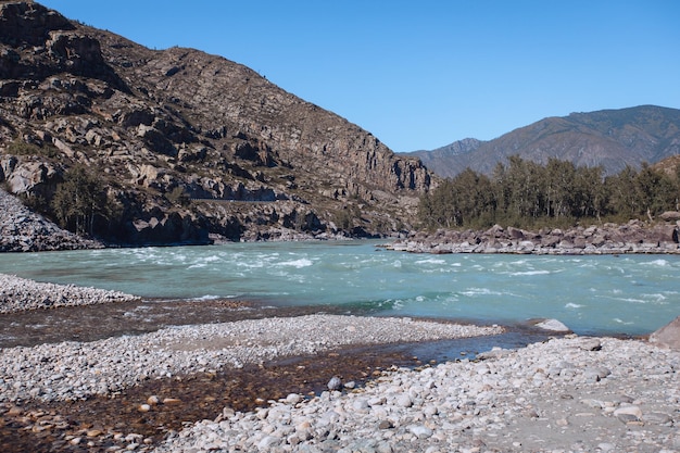 Summer natural view of the shore with lots of stones and azure flowing stream under a cloudless sky