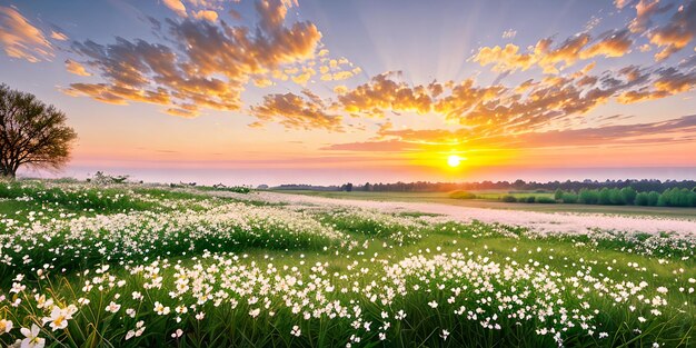 夏の自然の背景に白い花が咲き、日の出の日光に対して蝶が飛ぶ