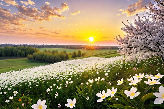 Summer nature background with blooming white flowers and fly butterfly against sunrise sunlight