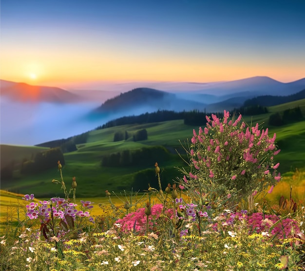 Estate natura paesaggio montagne campo selvaggio e fiori rosa sul tramonto