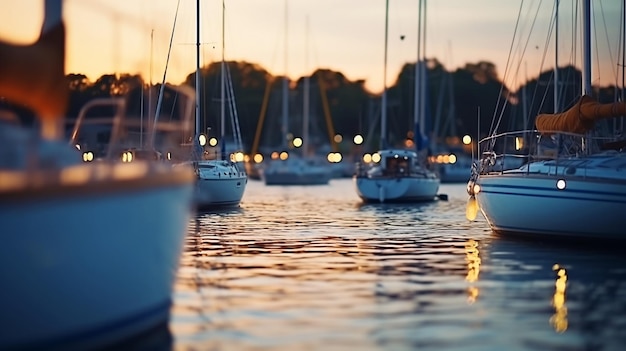 写真 ヨットハーバーの夏の夜、ぼやけた海と街の光の反射、人々のシルエットがリラックス