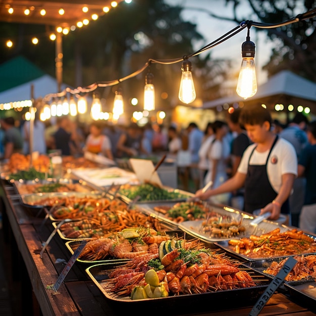 Летний ночной рынок в Таиланде с уличной едой
