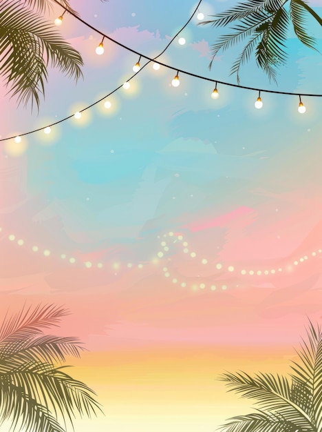 Photo summer night party beach palms with light bulb garlands large copyspace area offcenter composition