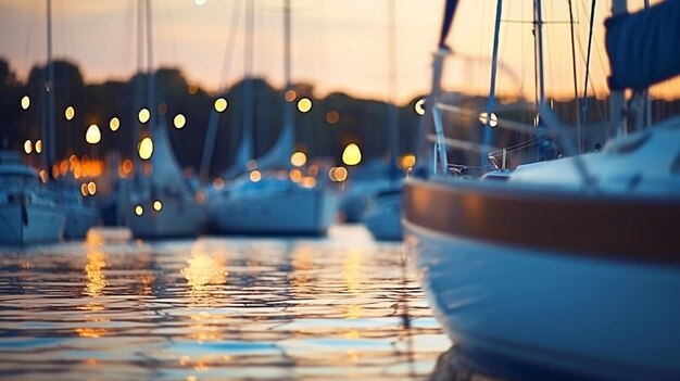 summer night in Yacht harbor blurred sea and city light reflection people silhouette relax