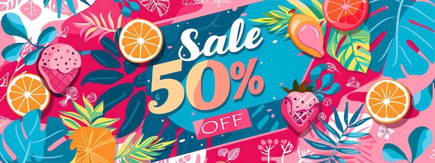 Summer offer Trendy design with typography Sale off hand drawn strokes and dots fruit and tropical