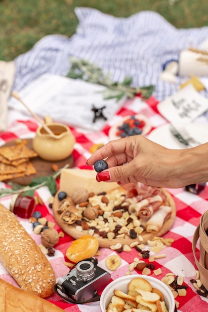 Photo summer outdoor picnic party. food, honey and fruits lay on checkered blanket.