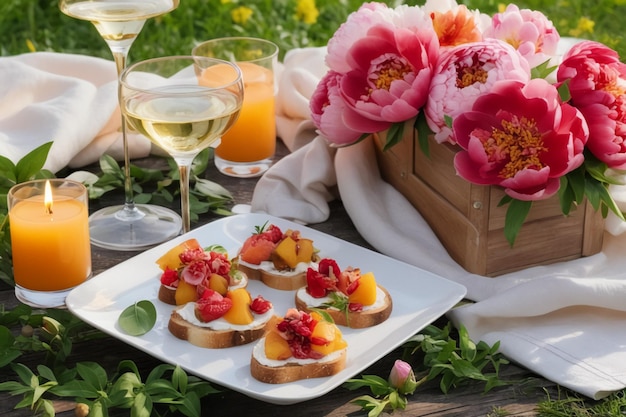 Летний стильный пикник на открытом воздухе на столе с фруктами и вином