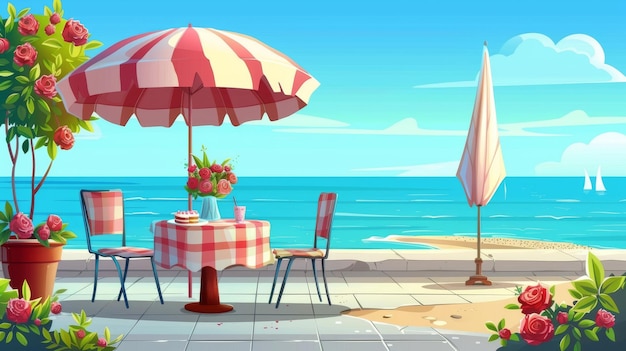 Summer outside cafe on a seaside terrace with roses in vases cakes on a table chairs with plaid umbrellas and plants Cafe on a shorefront balcony
