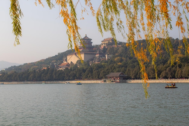 The Summer Palace of the longevity hill and Kunming Lake behind the golden trees sunset sky copy space for text