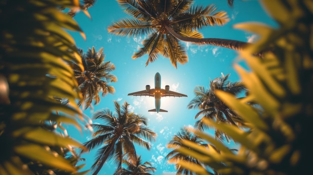 Summer and palm trees with a plane flying in the background in the style of immersive