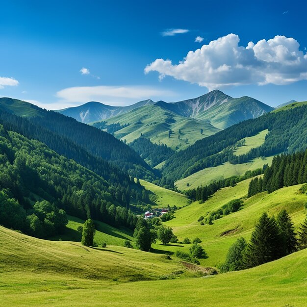 Summer panorama of ukrainian carpathians green slopes