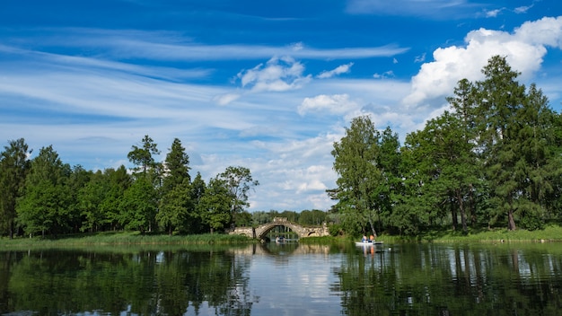 Summer panoramic landscape on the lake. Amazing summer lake landscape. Wonderful lake with reflection of trees. White clouds in a blue sky.