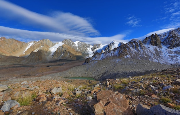 summer panoramic landscape with snowy mountains