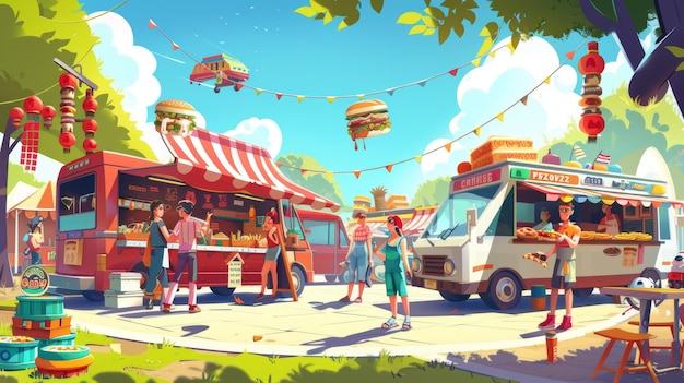 Photo in summer park with street food festival trucks selling pizza noodles sweets donuts and sweets trade fair with green lawn sunny sky modern illustration