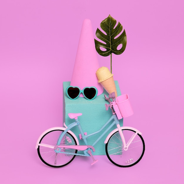 Summer pastel composition. Ice cream bike beach vibes