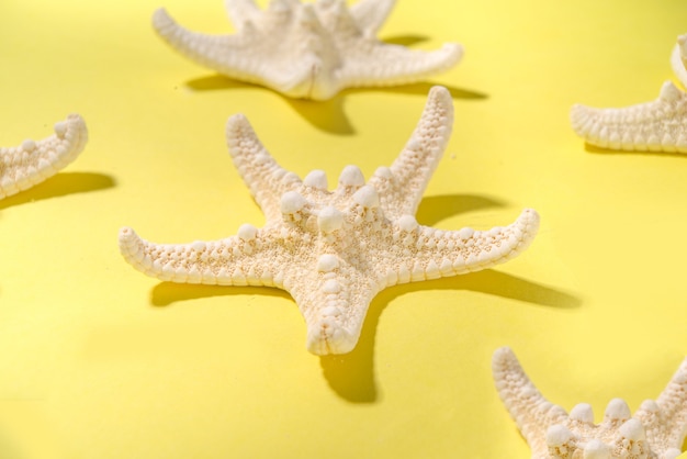 Summer pattern background with starfish on trend yellow background, with hard light dark shadows