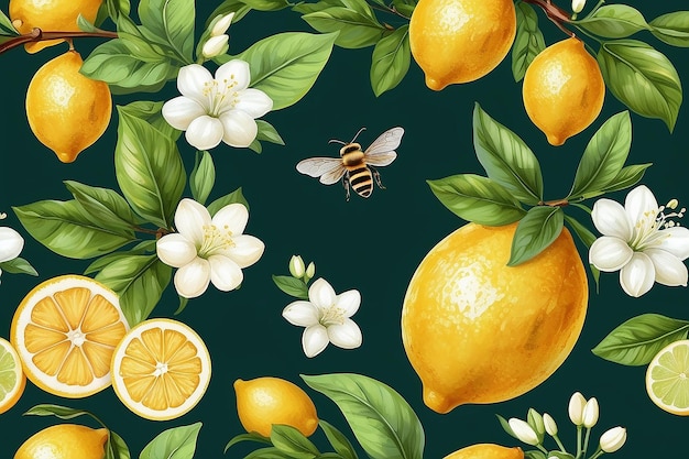 Photo summer pattern with lemon branch jasmine flowers and bees background with citrus fruits