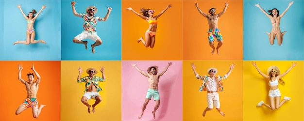 Photo summer people collection set jumping on colorful background aig