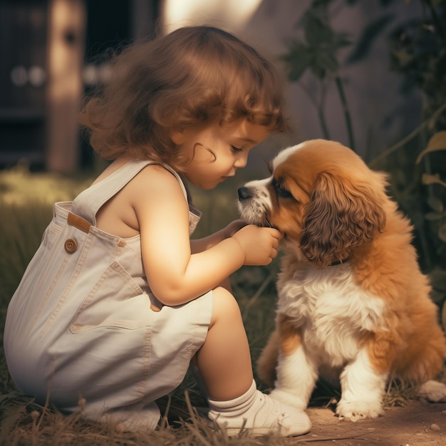 Летняя фотография маленькой милой девушки, касающейся и ласкающей щенка Старая ретро-фотография в стиле 70-х годов