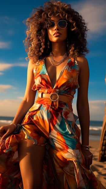 Summer photograph of a beautiful woman in a beachwear fashion by the sea