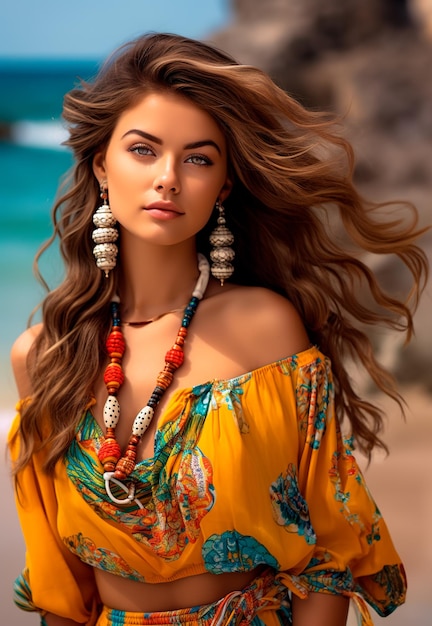 바닷가에서 비치웨어 패션을 입은 아름다운 여성의 여름 사진