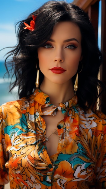 summer photograph of a beautiful woman in a beachwear fashion by the sea