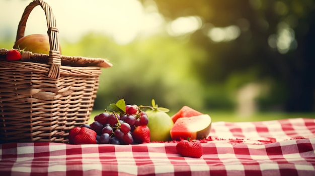 Summer picnic background with a checkered blanket created by ai