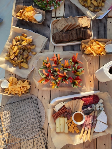 Summer picnic in the backyard, top view