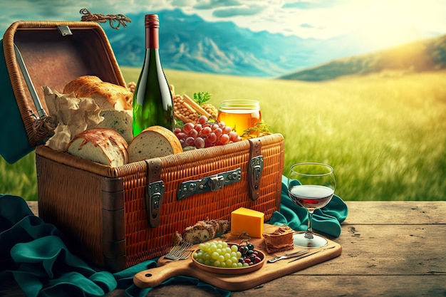 チーズ gs とワインと自然のテーブルの上の夏のピクニック バスケット