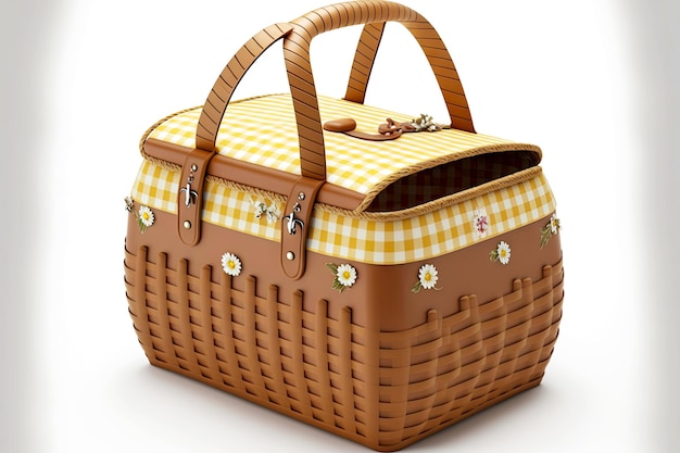 Summer picnic basket with flowers on white background