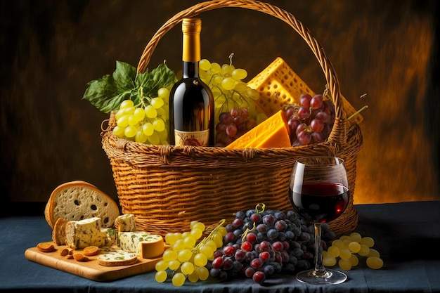 Summer picnic basket with fruit cheese and wine