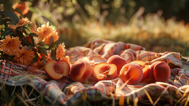 Photo summer picnic blanket with peach slices and flowers background