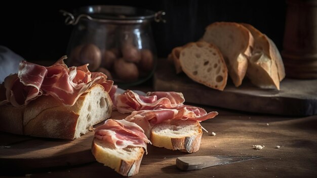 Summer Picnic Bliss Rustic Bread and Jamon Serrano on Wooden Table Generative AI