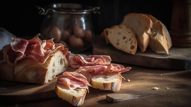 Photo summer picnic bliss rustic bread and jamon serrano on wooden table generative ai