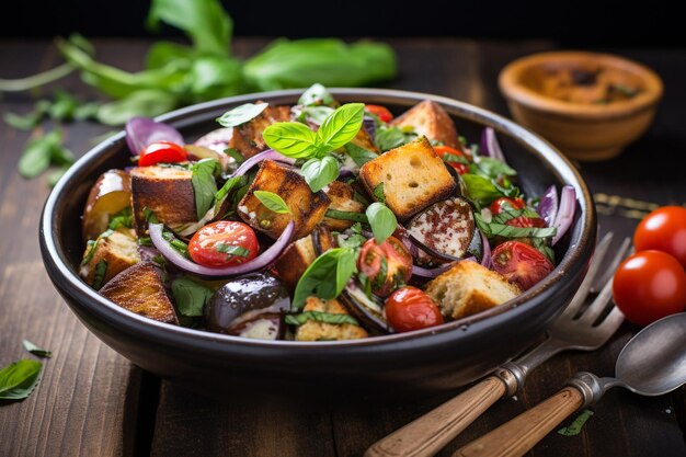 Photo summer picnic essential panzanella salad with red onions