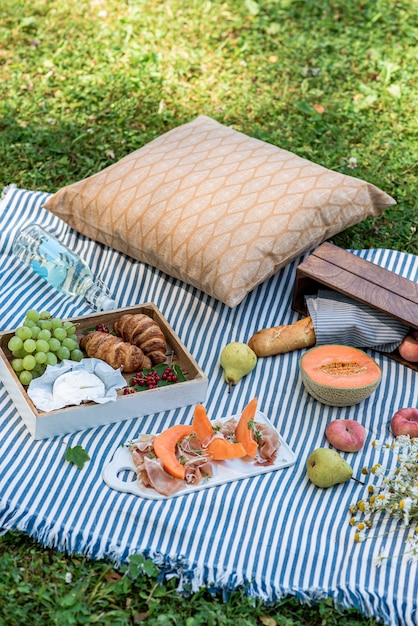 Summer picnic on the grass, jamon with melon, grape, bakery, fruits