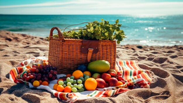 summer picnic with fruits on the beach generative AI