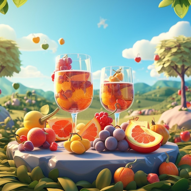 Summer picnic with fruits and two glasses in nature 3d