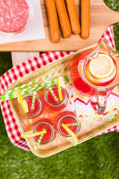 Summer picnic with small charcoal grill in the park.