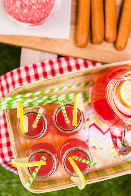 Summer picnic with small charcoal grill in the park.