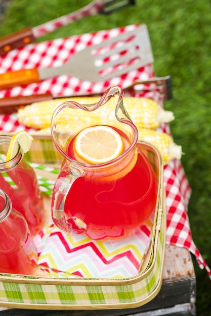 Summer picnic with small charcoal grill in the park.