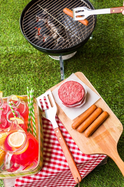 公園で小さな炭火焼きを使った夏のピクニック。