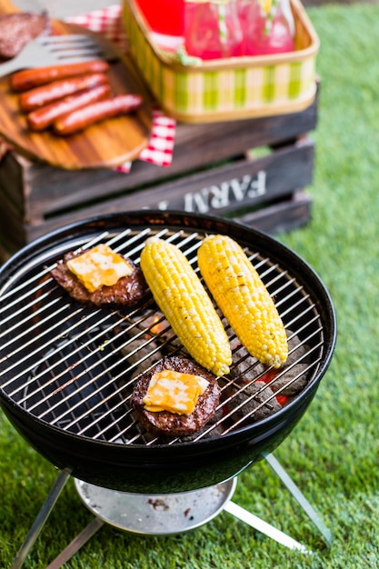 Summer picnic with small charcoal grill in the park.