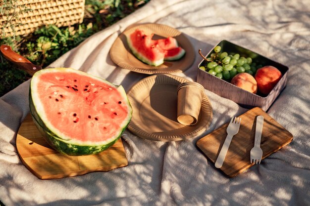 Picnic estivo con succosa anguria a fette di anguria e stoviglie di carta ecofriendly usa e getta