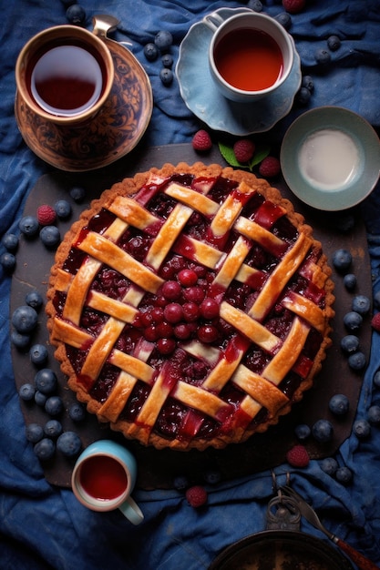 Summer pie with berries Illustration AI GenerativexA