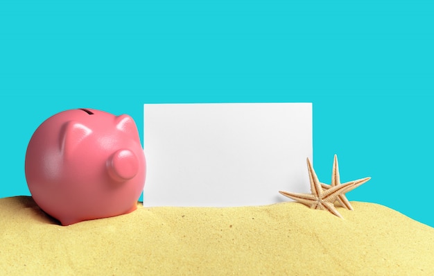 Summer piggy bank with sunglasses on the beach